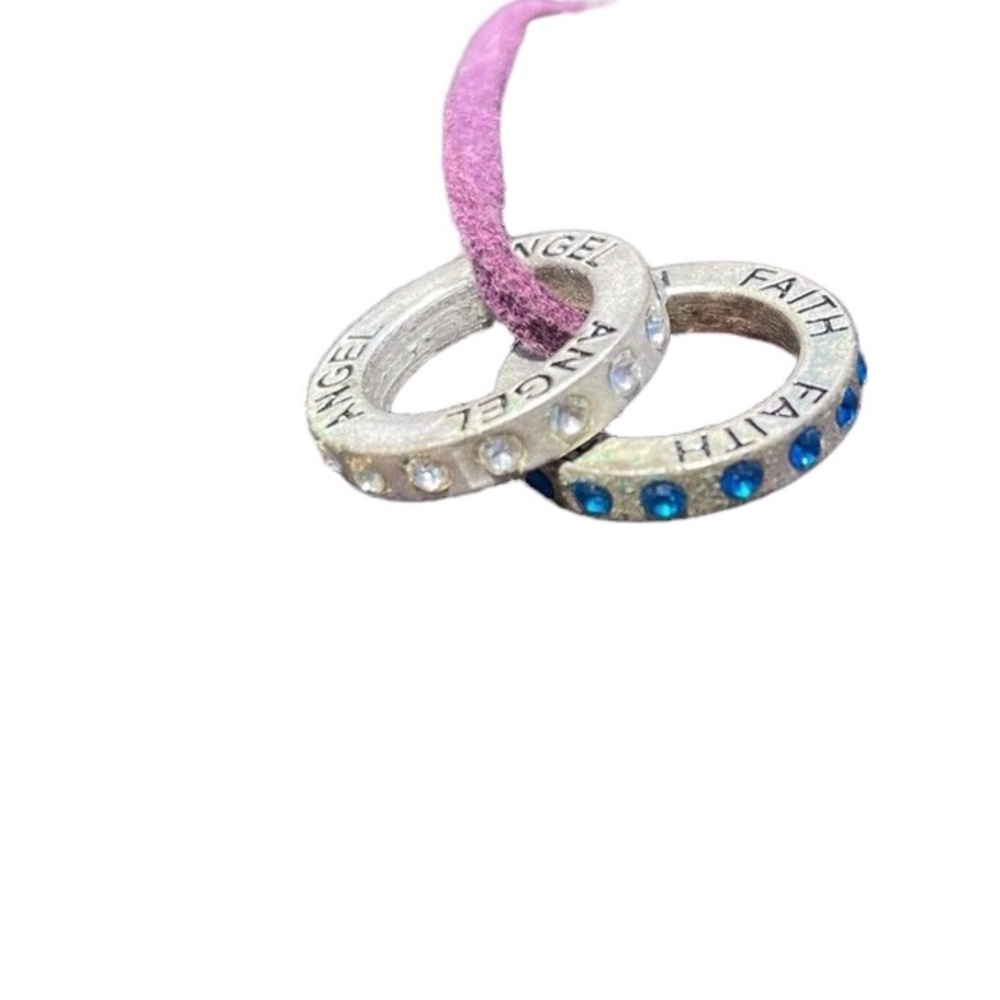 Purple Leather cord necklace with bling rings inscribed with Angel & Faith
